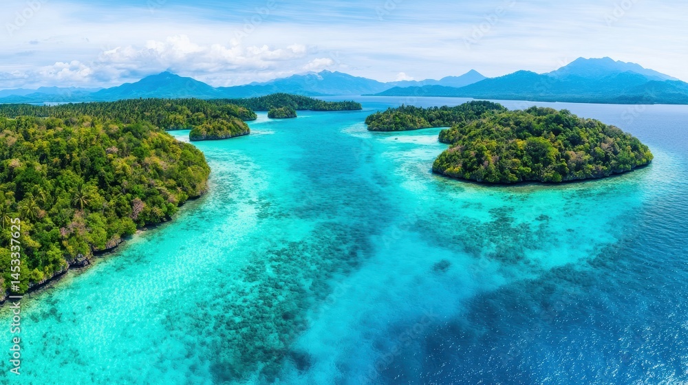Scenic Aerial View of Tropical Islands and Clear Blue Water Scenic Aerial View of Tropical Islands and Clear Blue Water