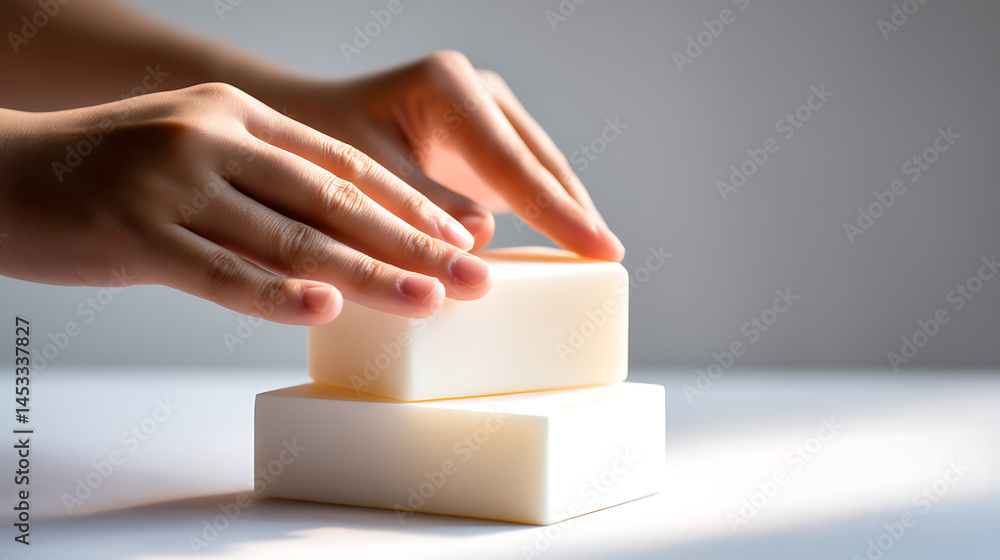 Hands Stacking Soap Bars in Sunlight: Cleanliness and Hygiene
