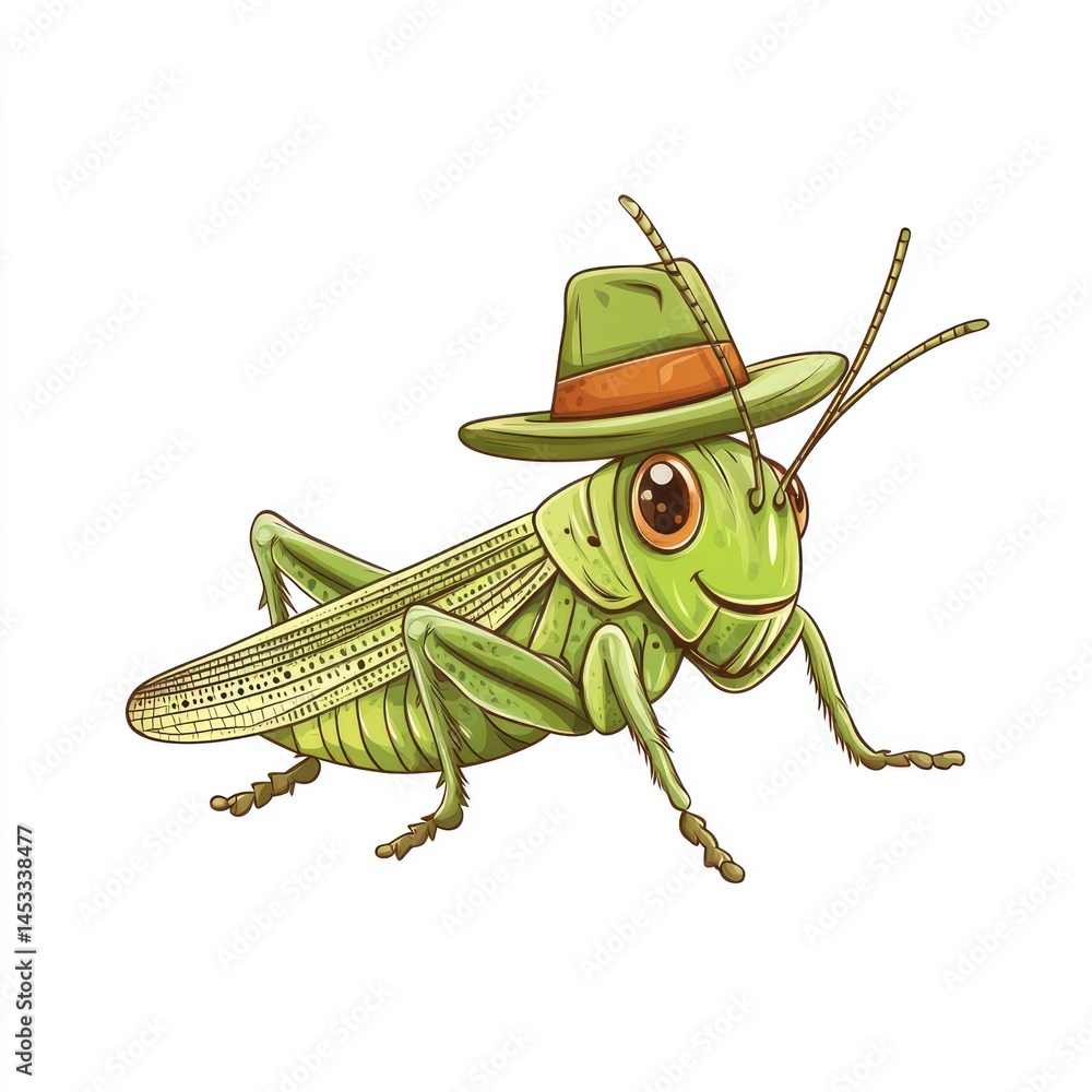 Fototapeta premium Cartoon Grasshopper Character Wearing a Fun Hat with a Cheerful Expression on a White Background