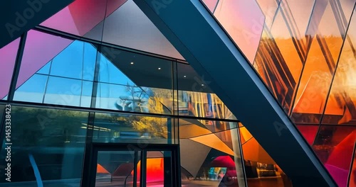 Modern architectural design featuring colorful glass reflections in an urban setting