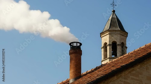 White smoke rises from the chapel chimney, indicating the successful election of a new pope during the papal conclave, incense sticks in a temple, smoke from chimney, old church steeple, 4k