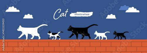 塀の上を歩いている猫の親子のイラスト