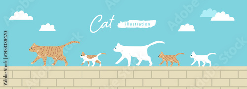 塀の上を歩いている猫の親子のイラスト2