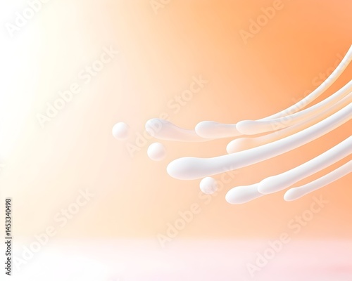 Abstract art of flowing white liquid against a peach backdrop  Smooth curves and droplets create a dynamic composition