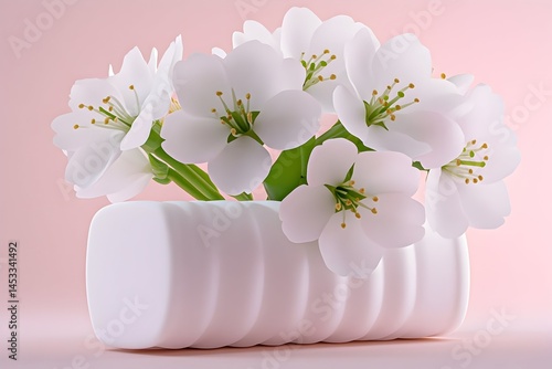 Delicate white blossoms in a ridged cylindrical vase set against a soft pink backdrop  The scene evokes serenity and