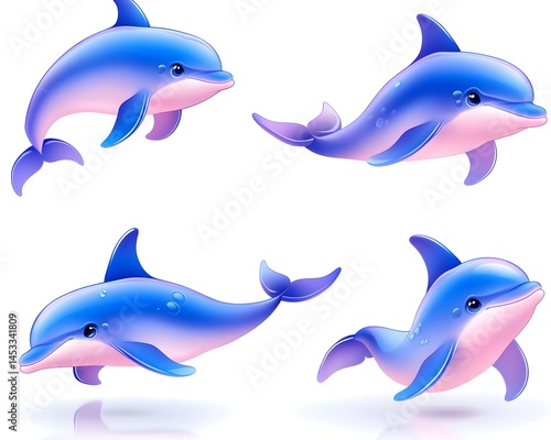 Four adorable blue and pink dolphins in various playful poses against a white background