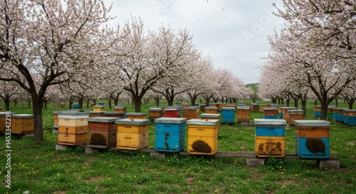 Apiary with beehives under blooming trees in spring for honey production and pollination season