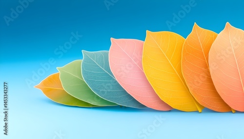 Pastel-colored leaves arranged in a gradient row against a light blue background