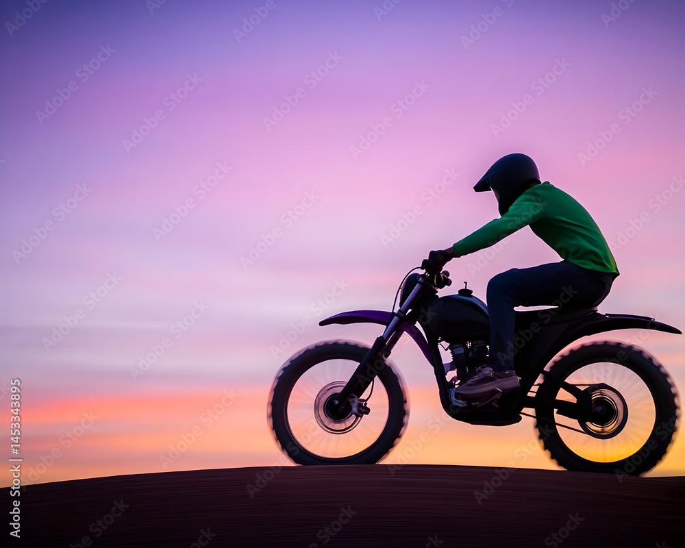 Fototapeta premium Silhouetted dirt biker rides at sunset, motion blur suggesting speed across sandy landscape