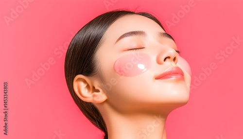 Serene woman with translucent pink face patches on a vibrant pink background, eyes closed, enjoying a beauty treatment