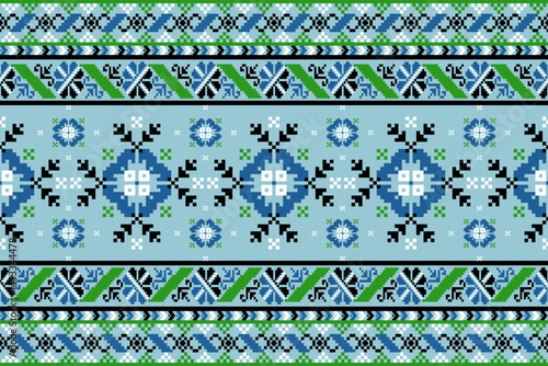 This seamless pattern features floral designs blended with geometric elements, inspired by ethnic and folk traditions. A vibrant seamless pattern ideal for textiles, wallpapers, and decorative project