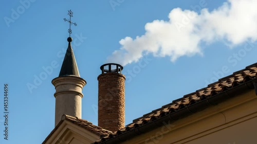 White smoke rises from the chapel chimney, indicating the successful election of a new pope during the papal conclave, smoke from chimney ,incense sticks in a temple,  tower of the church,4k video,