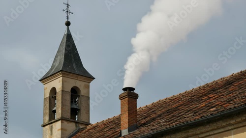 White smoke rises from the chapel chimney, indicating the successful election of a new pope during the papal conclave, incense sticks in a temple, smoke from chimney, old church steeple