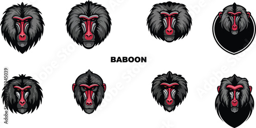 Baboon face vector illustration with contrasting black and white design on dark background for wildlife art and animal graphic projects 