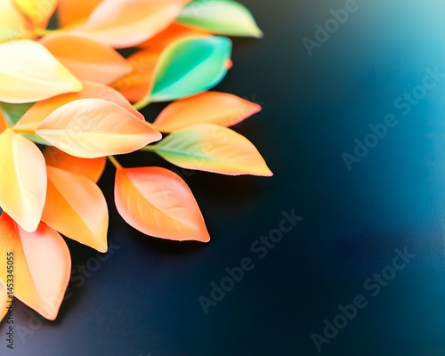 Vibrant orange and teal leaves against a dark backdrop  A cluster of leaves fills the left side leaving a substantial