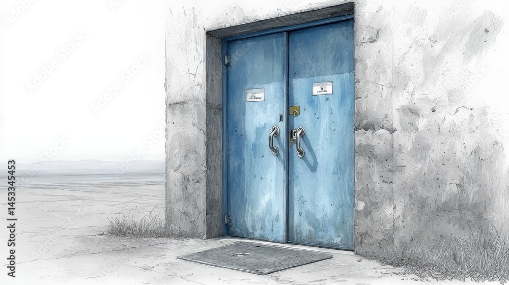 Blue Double Door Entrance on a Gray and Dusty Landscape Blue Double Door Entrance on a Gray and Dusty Landscape