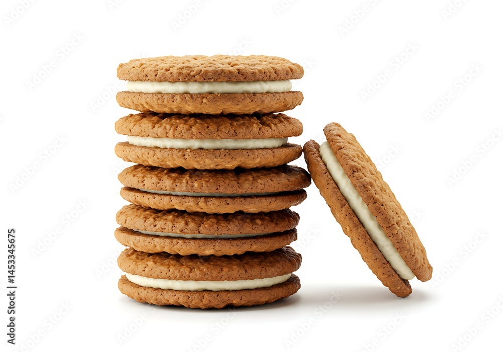 A stack of oatmeal cream pies with one leaning on the stack against a white background surface view A stack of oatmeal cream pies with one leaning on the stack against a white background surface view