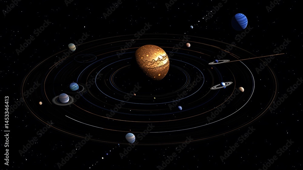 Fototapeta premium Solar System from Above: A top-down view of the solar system, showing the elliptical orbits of each planet around the sun. 