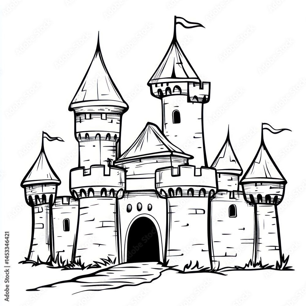 Elaborate Hand-Drawn Illustration of a Fantasy Castle Surrounded by Turrets and Flags on a White Background Elaborate Hand-Drawn Illustration of a Fantasy Castle Surrounded by Turrets and Flags on a White Background