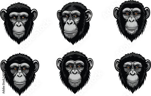 Chimpanzee Heads with Various Facial Expressions Vector Illustration Showing Different Emotions and Angles 
