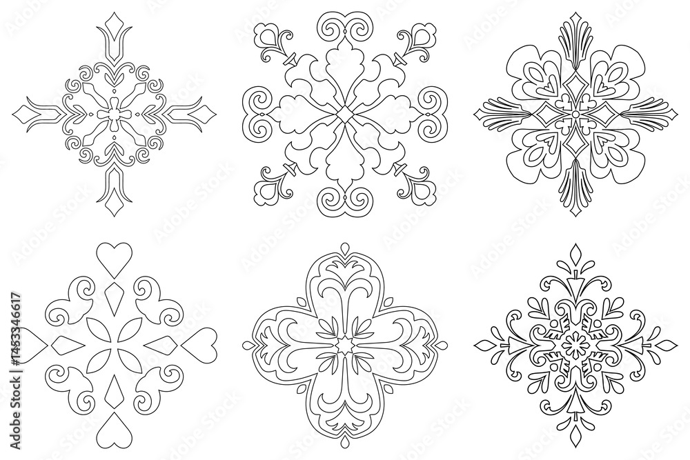 Abstract flower set, simple mandala, floral lines for carpet pattern decoration, vintage flowers Abstract flower set, simple mandala, floral lines for carpet pattern decoration, vintage flowers