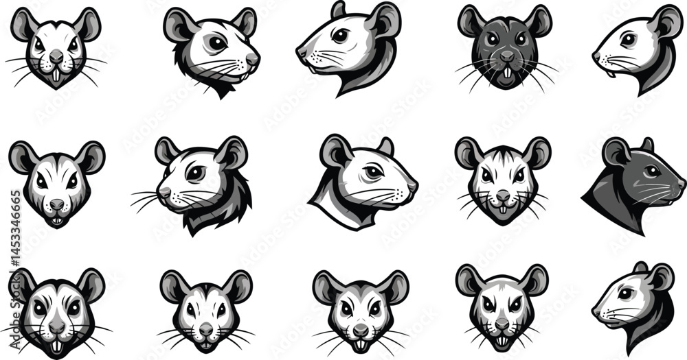 Rat heads vector set with detailed black and white illustrations showing various rat angles and expressions for graphic design projects Rat heads vector set with detailed black and white illustrations showing various rat angles and expressions for graphic design projects