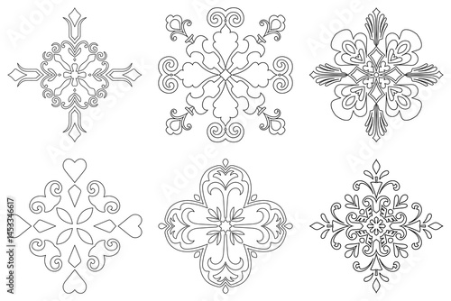 Abstract flower set, simple mandala, floral lines for carpet pattern decoration, vintage flowers