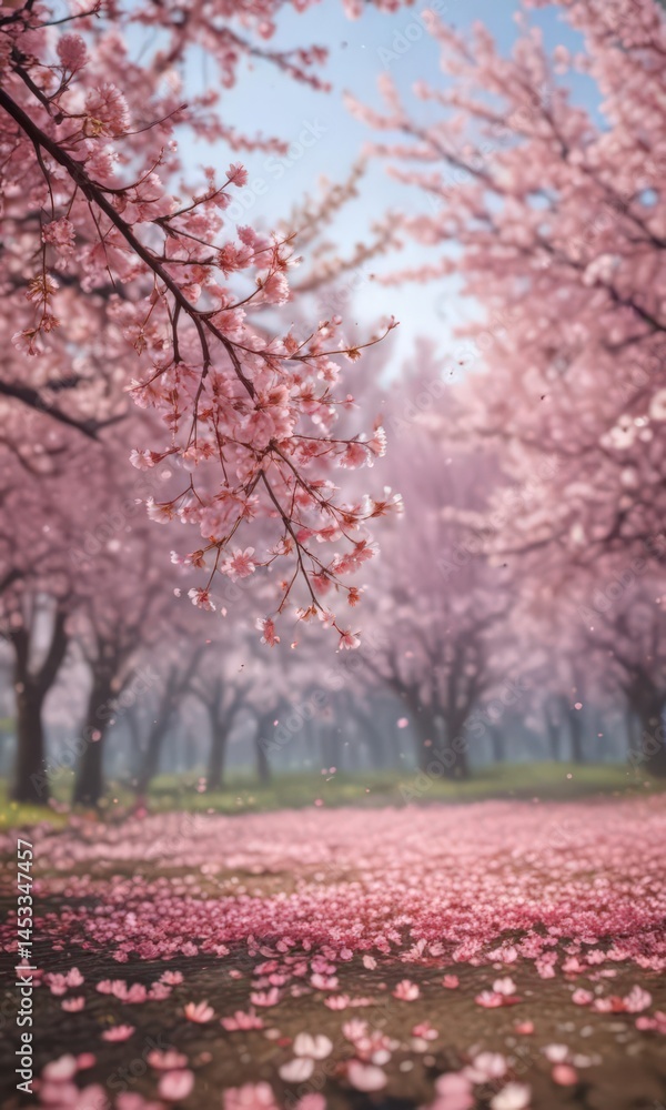 Naklejka premium Falling sakura petals against a soft-focus backdrop of blooming cherry trees , sakura, background, gentle breeze