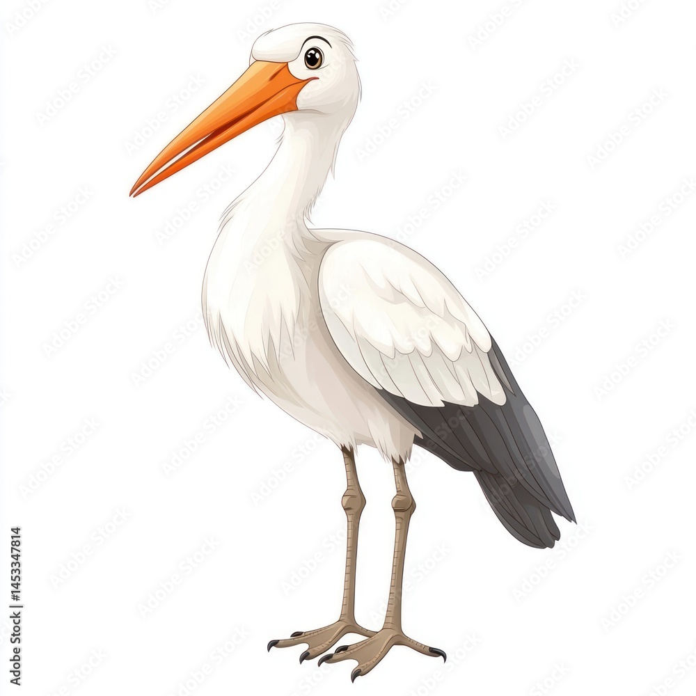 Animated stork character with vibrant orange beak and detailed feathers standing on a white background Animated stork character with vibrant orange beak and detailed feathers standing on a white background