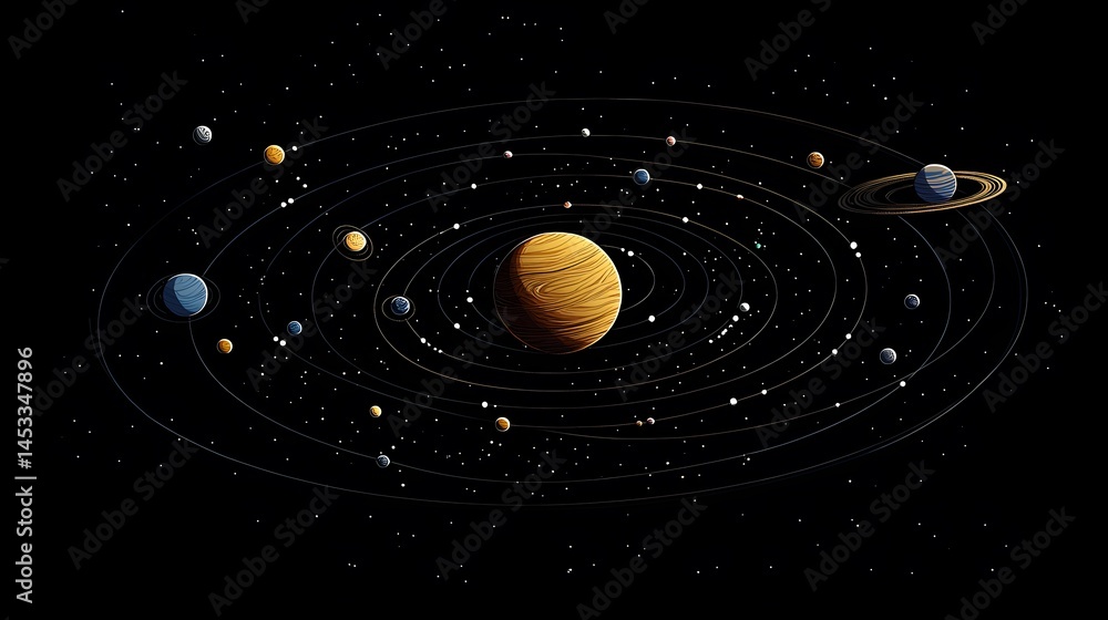 Fototapeta premium Solar System from Above: A top-down view of the solar system, showing the elliptical orbits of each planet around the sun. 