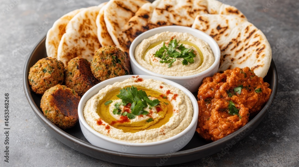 Fresh Hummus and Falafel Plate with Warm Pita and Chili Dip Fresh Hummus and Falafel Plate with Warm Pita and Chili Dip