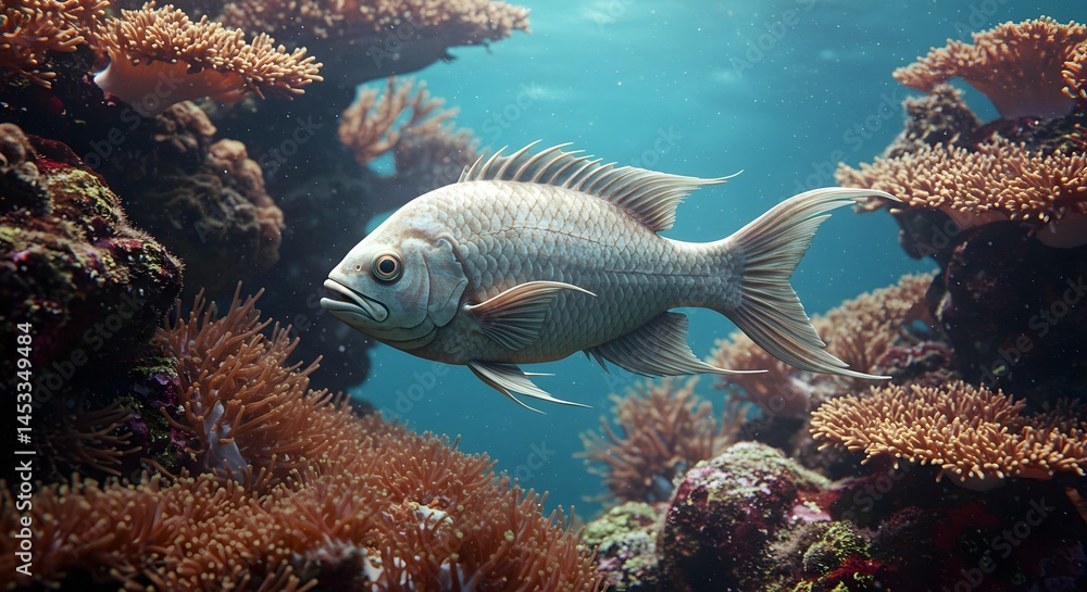 Silver Fish Swimming in a Vibrant Coral Reef Ecosystem Underwater Scene Silver Fish Swimming in a Vibrant Coral Reef Ecosystem Underwater Scene