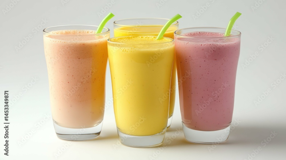 Three colorful fruit smoothies with straws, refreshing and healthy. Three colorful fruit smoothies with straws, refreshing and healthy.