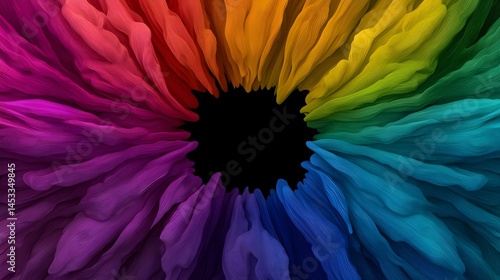 The image contains a circular arrangement of colorful, textured, flowing lines that radiate outwards from a central black hole.  The colors transition smoothly from purple to red, orange, yellow, gre