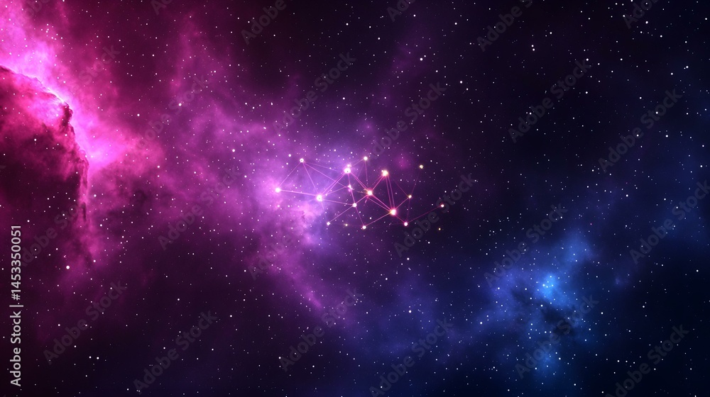 A cosmic scene showing a nebula in shades of pink and blue, speckled with stars, and featuring a constellation-like network of interconnected nodes. A cosmic scene showing a nebula in shades of pink and blue, speckled with stars, and featuring a constellation-like network of interconnected nodes.