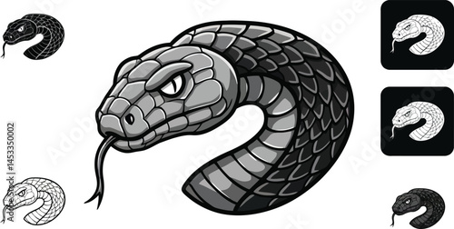Snake heads detailed black and white vector illustration with various expressions and tongue out design 