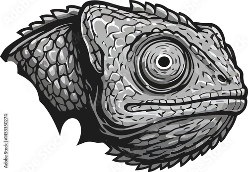 Chameleon animal head detailed sketch illustration in black and white vector art 