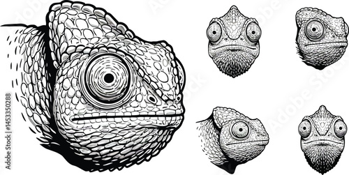 Chameleon side view sketches showing different postures and movements in black and white detailed line art vector 
