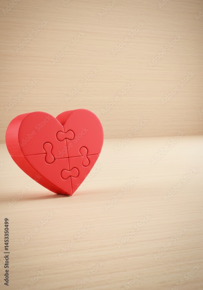 Red Puzzle Heart on Wooden Background: A Symbol of Love and Unity Red Puzzle Heart on Wooden Background: A Symbol of Love and Unity