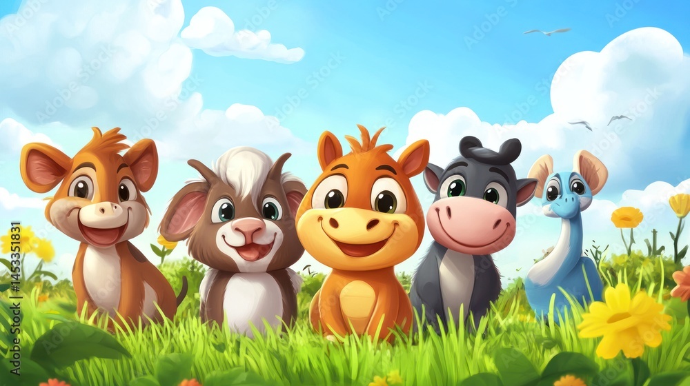 Naklejka premium Cute farm animals in a field