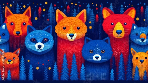 Fototapeta Naklejka Na Ścianę i Meble -  Colorful woodland animals in a festive forest scene.