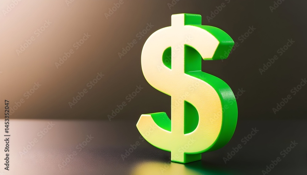A vibrant green and gold dollar sign, rendered in 3D, sits on a dark reflective surface A vibrant green and gold dollar sign, rendered in 3D, sits on a dark reflective surface