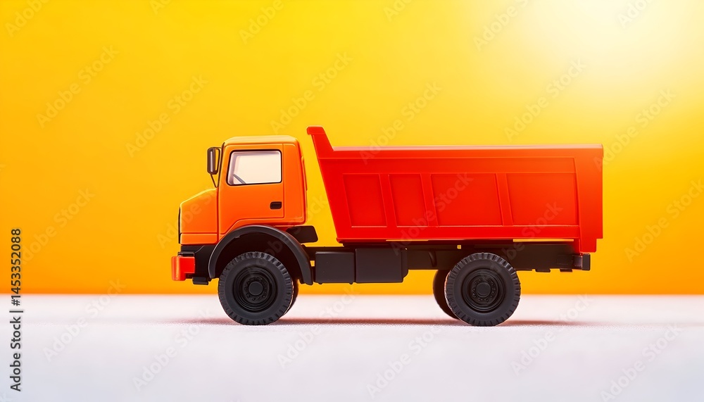 A vibrant orange toy dump truck sits on a white surface against a bright yellow backdrop A vibrant orange toy dump truck sits on a white surface against a bright yellow backdrop