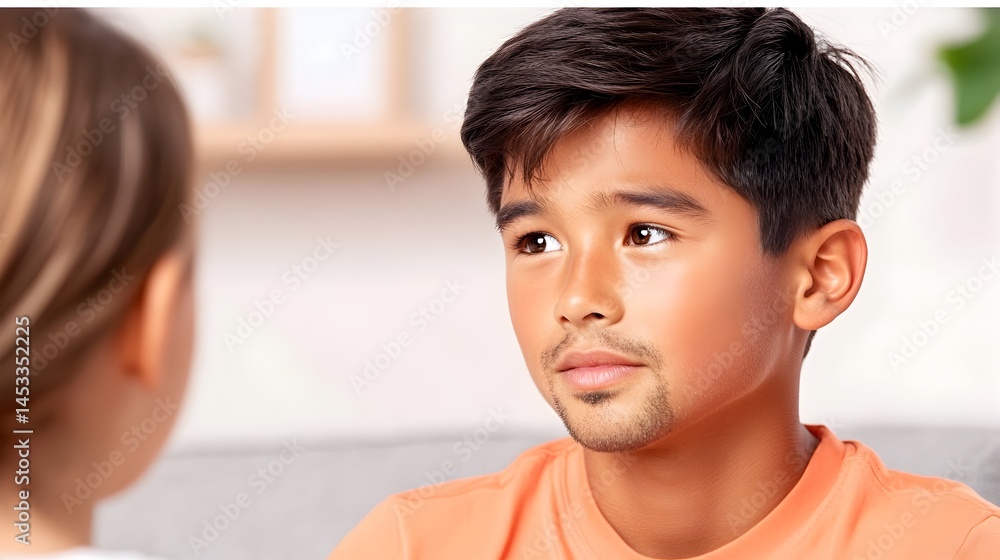 A young boy with dark hair and peach-colored shirt listens intently to a girl, possibly a sibling or friend, out of focus in the background. He has a serious expression A young boy with dark hair and peach-colored shirt listens intently to a girl, possibly a sibling or friend, out of focus in the background. He has a serious expression