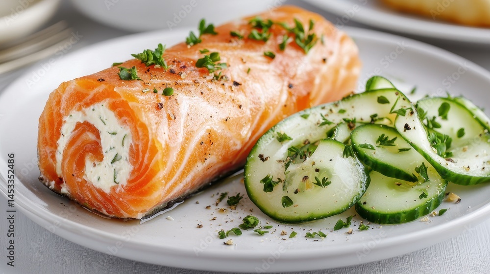 Fresh Salmon Dish with Cream Cheese and Sliced Cucumbers on Plate Fresh Salmon Dish with Cream Cheese and Sliced Cucumbers on Plate