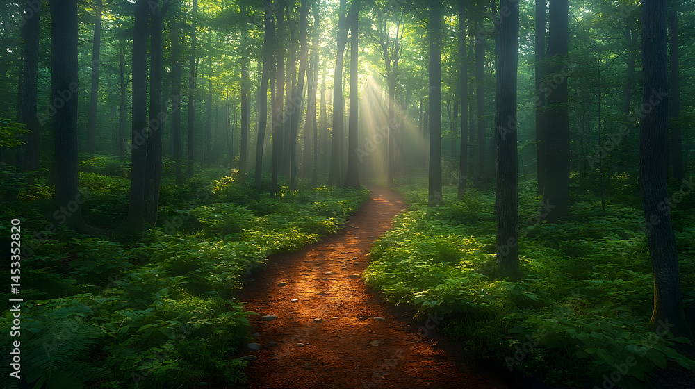 Obraz premium Sunlit Path Through a Misty Green Forest