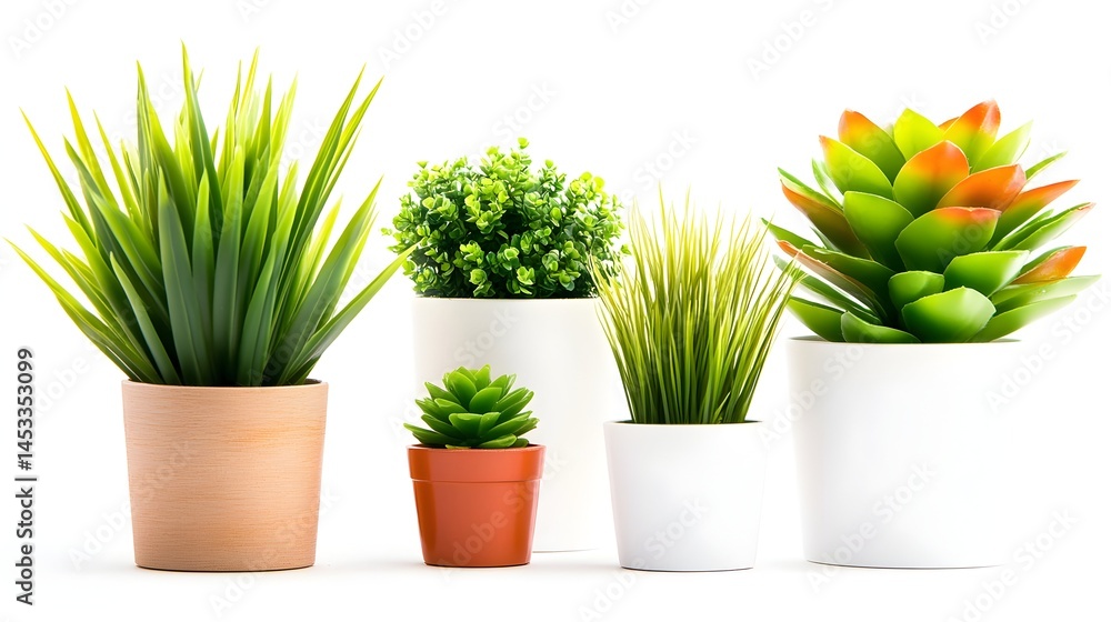 Obraz premium Five potted artificial plants in varying sizes and colors, displayed against a white background
