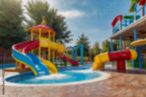 Wallpaper Mural children's slide in swimming pool blur, sunny weather outdoors, no people, children's swimming pool with games, blurred pool background Torontodigital.ca