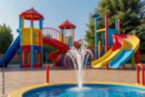 Wallpaper Mural children's slide in swimming pool blur, sunny weather outdoors, no people, children's swimming pool with games, blurred pool background Torontodigital.ca