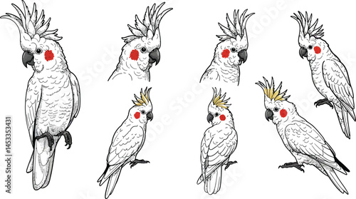 Cockatoo bird illustrations with red cheek patches in various poses and angles detailed vector art 